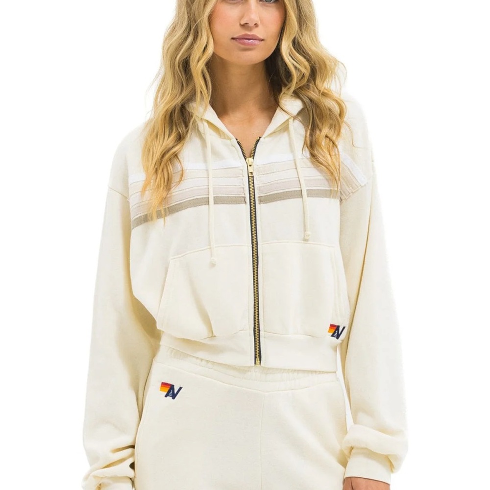 5 STRIPE CROPPED ZIP HOODIE RELAXED - VINTAGE WHITE // WHITE GREY Aviator Nation
